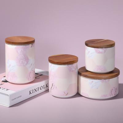 China Wholesale Custom Logo Rose Cover Kitchen Food Marble European Marble Matte Jar Ceramic Coffee Tea Tea Canister With Wooden Lid for sale