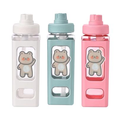 China Kawaii Large Sustainable Water Bottle With Straw And Sticker Bpa Free Drinking Square Plastic Water Bottles For Women 700ml for sale