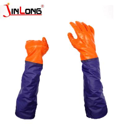 China Chemical Resistant Oil Resistant Blue PVC Waterproof Long Dipped Glove For Fishing for sale