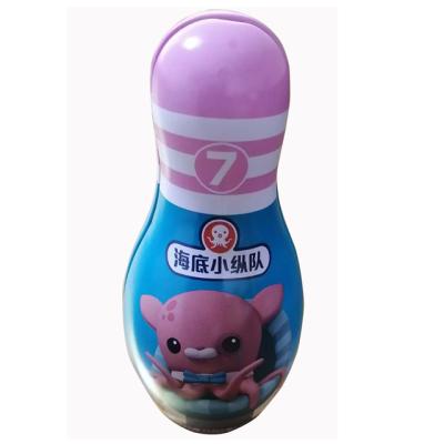 China Recycled Materials Bowling Pin Shape Custom Irregular Candy Tin Box Packaging Metal Soft Wedding Box for sale