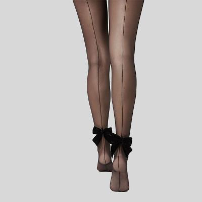 China Antibacterial 12 Den Pantyhose Back Seam Tights Plus Sheer Nylon Silk Stockings Collant Femme Bow Lace Women Waist Black Rhinestones Bowknot for sale