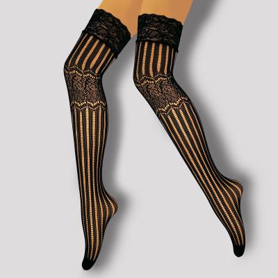 China Black Mesh Rose Lace Jacquard Stockings Cavity Paw Floral Elastic Tight Top Stockings Sexy Perspective Nylon Silk Plus Size for sale