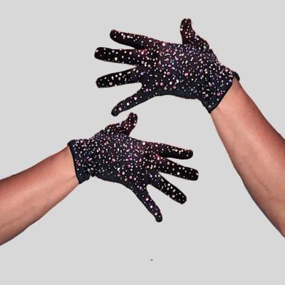 China Short Letter Silk Black White Dollar Hot Black White Dollar Rhinestones Short Mittens Women's Central Institute of Statistics Gloves Diamond Performance Show Satin Opera Length Gloves for sale