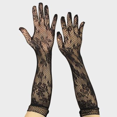 China Jacquard Mesh Liturgy Long Sleeve Jacquard Mesh Gloves Lace Elastic Bride Sexy Black Transparent Gloves For Women for sale