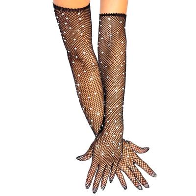 China Diamond rhinestones mesh sleeve gauntlet jacquard long net gloves sexy transparent black lace elastic bride for sale