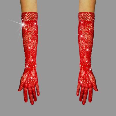 China Diamond rhinestones mesh sleeve gauntlet jacquard long net gloves sexy transparent black lace elastic bride for sale