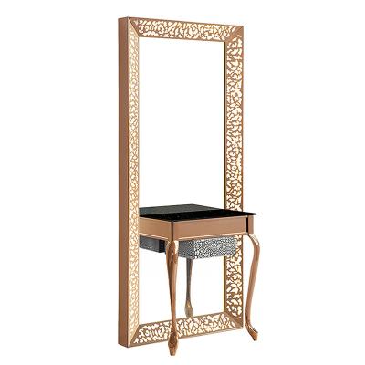 China Vintage Traditional Beauty Barber Shop Mirror Stand Modern Styling Mirrors Large Double Sided Barber Station Custom Commercial for sale