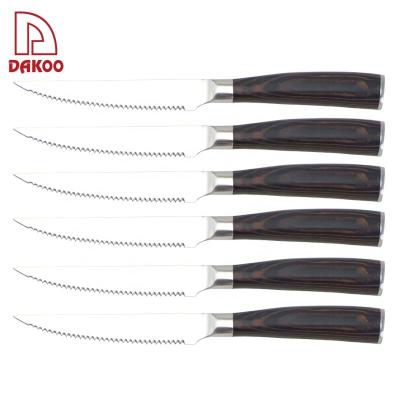 China Hot selling 6 pcs stainless steel serrated pakka wood steak knife set with wooden block for sale