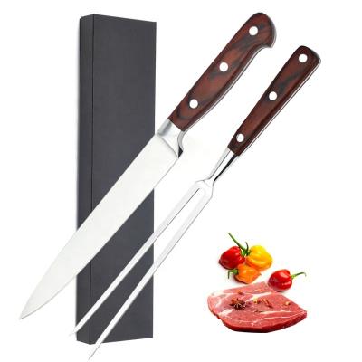 China 2PCS Pakka Wood Stainless Steel BBQ Knife And Fork Set Barbecue Knife Set With Box à venda