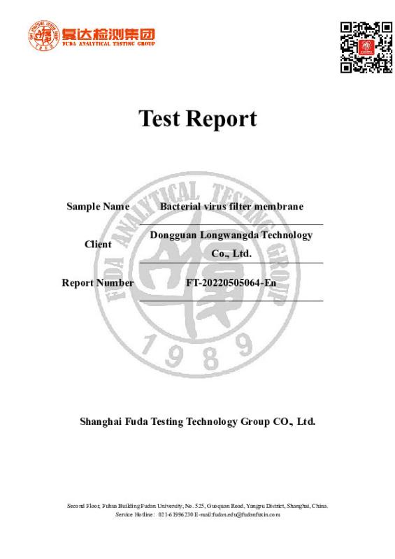 BV-BFE filter membrane Test Report - Dongguan Longwangda Technology Co.,Ltd