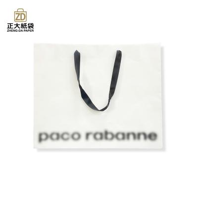 China Eco - Friendly Kraft Ribbon Handle White Custom Shopping Bags for sale