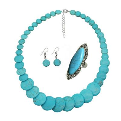 China New Retro European Ethnic and American Factory Direct Wholesale Turquoise Necklace Jewelry Set Border Earrings Ring Jewelry for sale