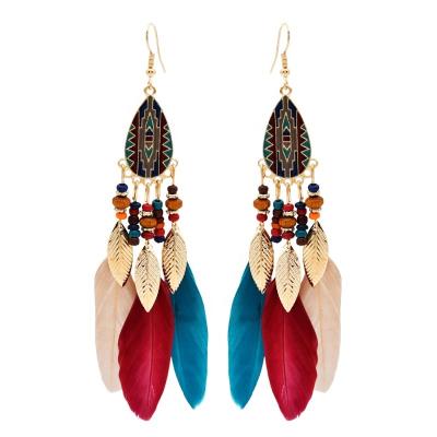 China Wholesale Nepal Bohemian Summer Tassel Long Ethnic Feather Earrings Retro Geometric Ethnic Earrings for sale