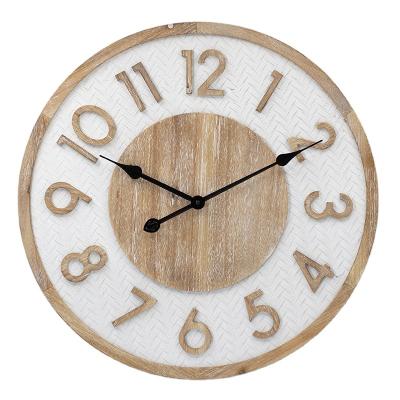 China 24inch Dia Quartz Round Battery Operated Wooden Non Ticking Traditional Fancy Decoration Silent Open Indoor Home Wall Clock for sale