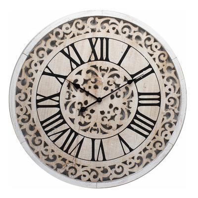 China Sale Dia Quartz Round Battery Operated Wooden Wall Clock Extra Large Rustic Antique Open Farmhouse Traditional Warm Quiet Silent for sale