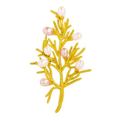 China Jewelry Decoration ZHIWEI Golden Rich Pine and Cypress Tree Brooch Freshwater Beads Plant Corsage Christmas Tree Fortune Tree Costume Brooch for sale