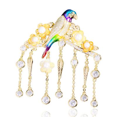 China UsageJewelry Decoration ZHIWEI retro tassel hand-painted enamel magpie bird brooch inlaid zirconium mother-of-pearl flowers branches and leaves corsage for sale