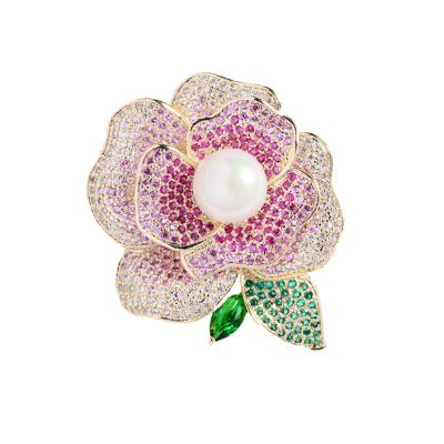 China Jewelry Decoration ZHIWEI new Korean version of the camellia zircon brooch elegant atmosphere flowers pearl dress temperament clothing accessories for sale