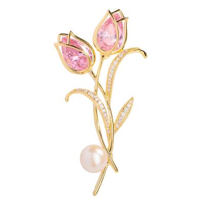 China Jewelry Decoration ZHIWEI tulip temperament brooch freshwater pearl pink zirconium corsage high-grade suit coat accessories pin for sale