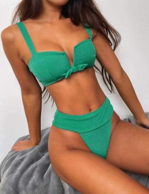 China Plus Size Customer OEM Swimwear Suit 2 Piece Knot Front Ribbed V Wired High Waist Women Bikini Swimwear Set for sale