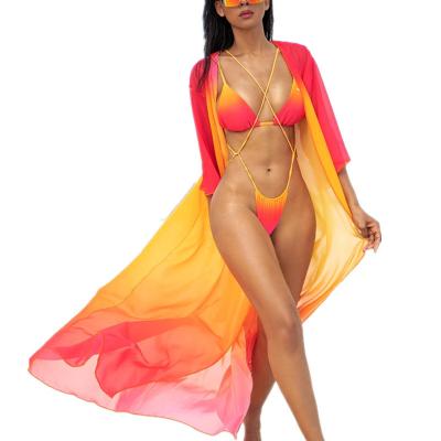 China Summer Anti-UV Sexy Women's Three Piece Beach Wear Mesh Bandage Cover Up Swimwear Bikini Swimwear for sale