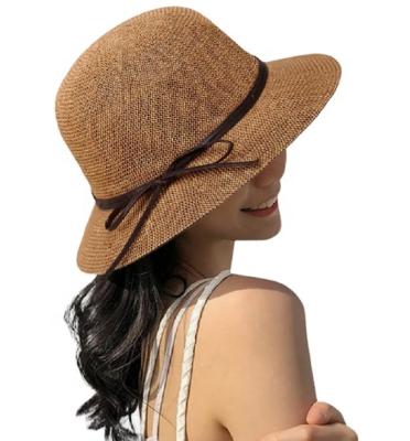 China Custom Women's Summer Straw Bucket-Sun-Hats Packable Wide Brim Bell Straw Beach Straw Bucket Hat Striped for sale