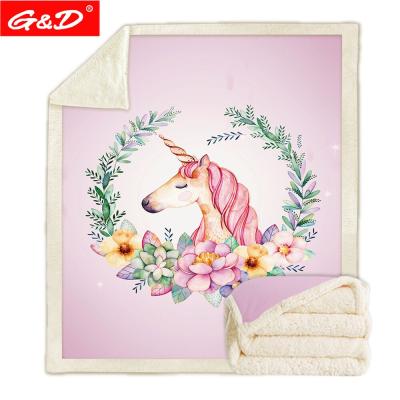 China G&D Cartoon Unicorn Throw Blanket Floral Velvet HEATHER Plush Printed Blankets for Kids Girls Sherpa Fleece Thin Comforter for Couch for sale