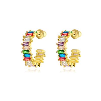 China CLASSIC Rainbow Baguette Circle Medium Earrings Stud Hoop Earrings 18k Gold Plated Earrings for sale