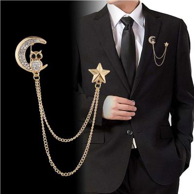 China Other Custom Gold Plated Owl Designed Mens Suit Lapel Pin Long Chain Brooch for sale