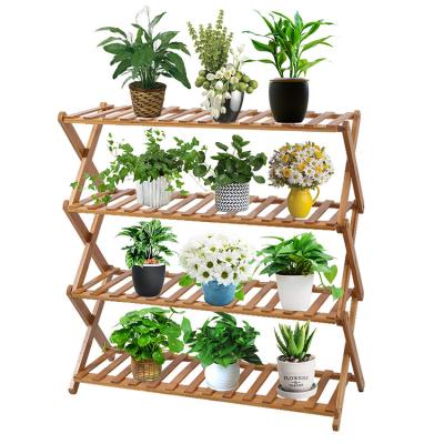 China 4 Tier Viable Foldable Bamboo Flower Display Rack For Garden Or Living Room for sale