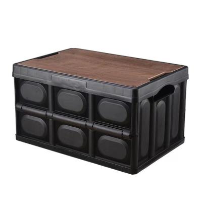 China Outdoor Camping Picnic Camping Plastic Storage Boxes Folding Freshness Storage Boxes With Wooden Lid for sale