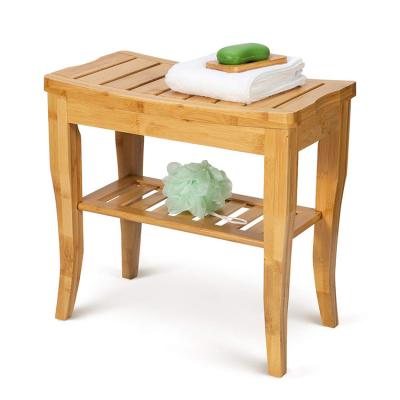 China Bamboo Waterproof Japanese Spa Shower Bench Stool With Organizer Shelf for sale