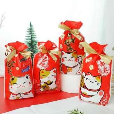 China Small Recycled Red Happy Chinese New Year Fula Candy Bag Maneki Neko Draw String Materials Gift Bags for sale