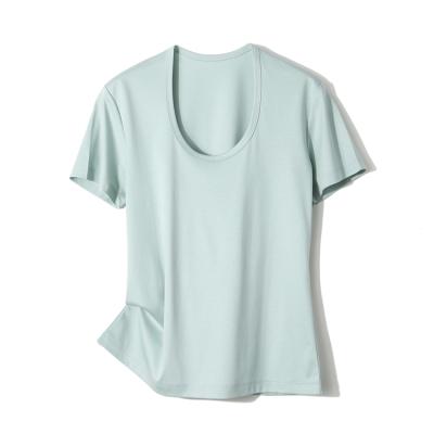 China Anti-wrinkle 2021 Summer Women's Ice Silk 5 Color U-neck Solid Short Sleeve Staple Cotton T-shirt Long For Women for sale