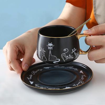 China Viable Wholesale High Quality Tea Cup Set Ceramic Coffee Cup With Saucer With Cute Cat Design for sale