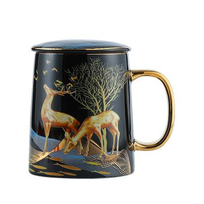 China Wholesale High Quality Creative Sustainable Ceramic Mug Desktop Water Mug With Deer Design And Lid for sale