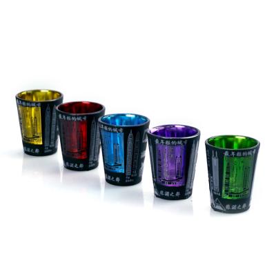 China Hot Selling Sustainable Inside Color Shot Glass Wine Cup Glass Mug With Laser Etched Design for sale