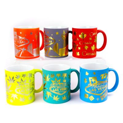 China Viable Color Outdoor Spray Coffee Maker Mug Ceramic Stoneware Mug With Wrap Foil Decal for sale