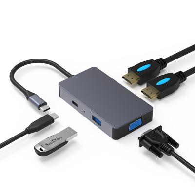 China Newest TYPE C (PD + Data Transfer) 5 in 1 Usb C Hub With Dual 4K HDTV VGA Pd3.0 100W Usb 5 In 1 Type C Hub For Macbook Pro for sale