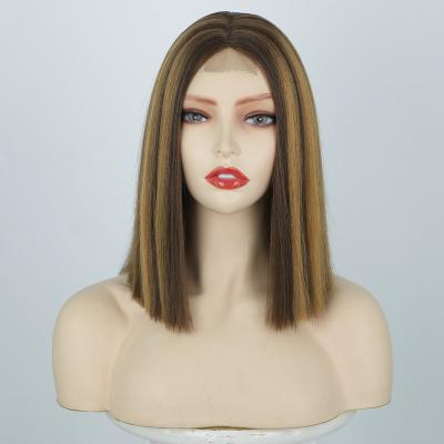 China Wholesale Honey Brown Color Bob Wig Low Price Silky Straight Wave KUQI Short Lace Front Wigs Highlights Synthetic Fiber Wigs for sale