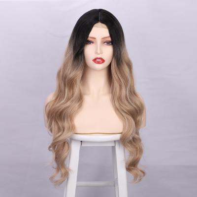 China Natural Wave Most Popular Long Black Blonde Ombre Red Wavy 26Inch Fiber Lace Front Wigs Synthetic Hair Wigs For Black Women for sale