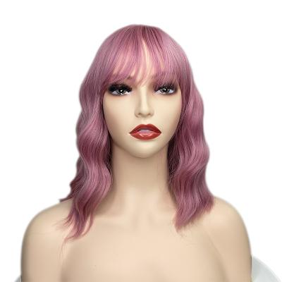 China Body Wave KUQI Factory Heat Resistant Fiber Pink Purple With Bangs Bob Curly Short Wig Synthetic Fiber Wigs Wigs Hair for sale