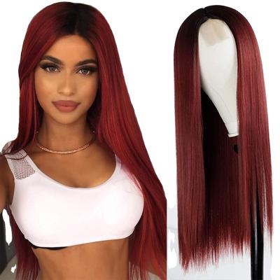 China Wholesale Ombre Straight Long Straight Wig KUQI Wine Red High Temperature Fiber Lace Up Synthetic Hair Wigs For Black Women for sale