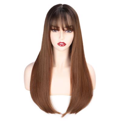 China Wholesale Brown Silky Straight Long Wave Wigs With Bangs Synthetic Wigs With Black Roots Fiber Heat Resistant Wigs For Black Women for sale