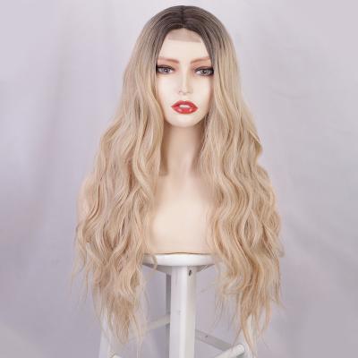 China Best Selling Wigs 2021 Natural Wave Long Brown Hair Wigs Synthetic Wigs Gradient Blonde Wavy Medium Part Synthetic Wigs For Black Women for sale