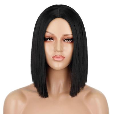 China Wholesale KUQI Fiber Natrual Black Bob Wig Synthetic Hair Wigs Heat Resistant Wigs For Black Women for sale