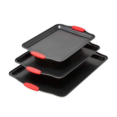 China Amazon Stocked Hot Selling Nonstick Carbon Steel Bakeware Sets With Red Silicone Handles Nonstick Baking Tray for sale