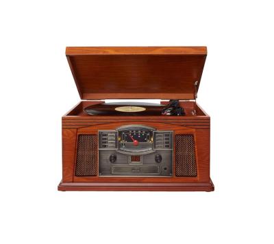 China OEM Customized Antique Wooden Gift 6-in-1 Bulit-in Receiver Full Range 3-Speed ​​Stereo Speakers Turntable With CD Radio Cassette Player for sale