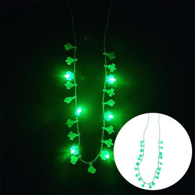 China Popular Border Irish Festival Led Lucky Green Four Leaf Clover Bead String Lights String Holiday Party Necklace Accessories for sale