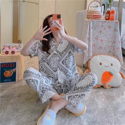 China High Quality Breathable Summer Sleeve Printed Short Pants Hotspot Ice Silk Pajamas Women for sale